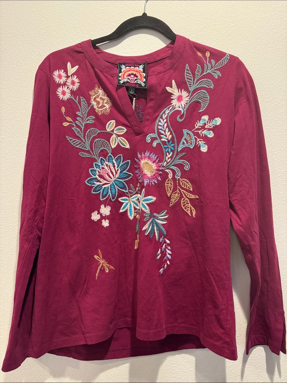 Johnny Was Deep Magenta Floral Embroidered Long-Sleeve Top